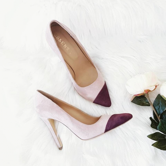 Pantofi stiletto din piele intoarsa roz si visinie [4]