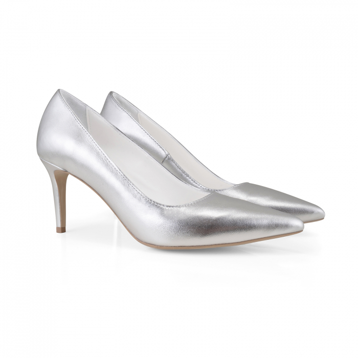 Pantofi stiletto din piele naturala argintie, cu toc de 7 cm imbracat in piele . [2]