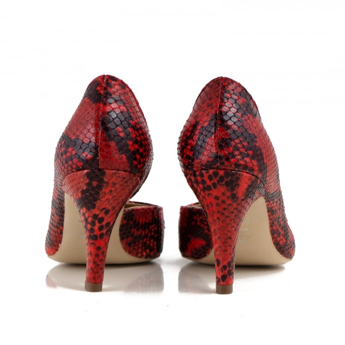 Pantofi stiletto din piele naturala cu aspect tip sarpe, rosu, cu decupaj interior [3]