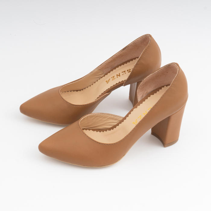 Pantofi stiletto din piele naturala maron camel, cu decupaj interior. [2]