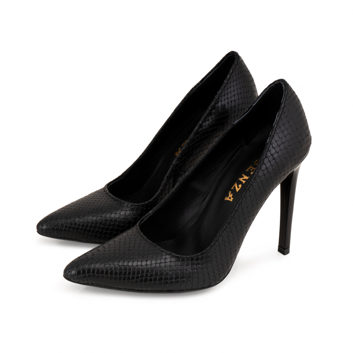 Pantofi Stiletto din piele naturala neagra cu aspect tip sarpe [2]