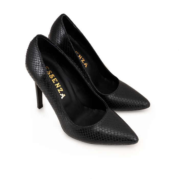 Pantofi Stiletto din piele naturala neagra cu aspect tip sarpe [3]