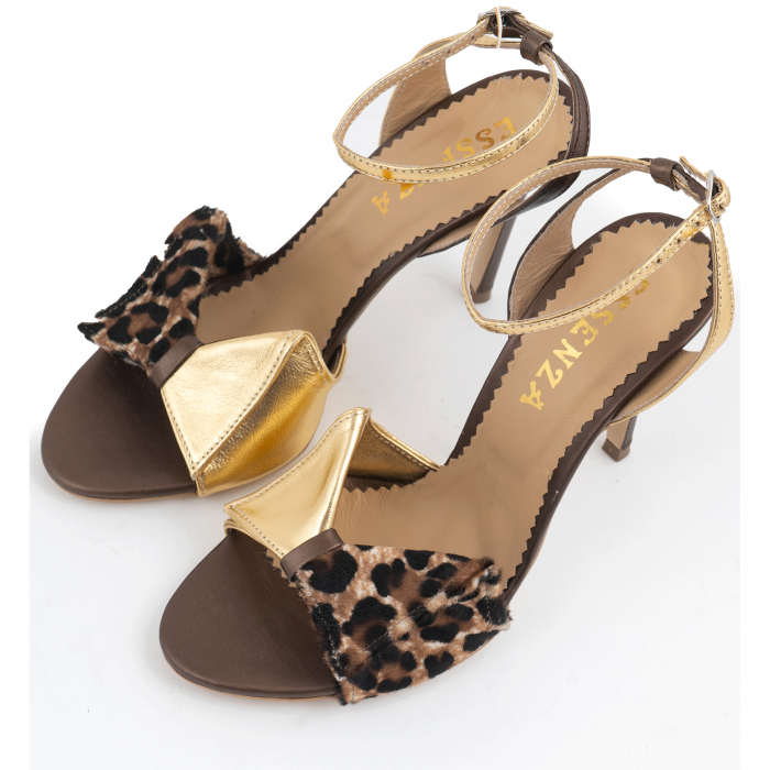 Sandale cu funda, din piele laminata aurie, piele broz sidef si piele de ponei cu animal print [3]