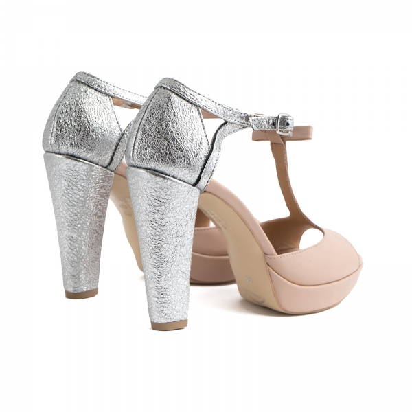 Sandale cu platforma si toc gros, din piele nude-roze si piele laminata argintie [4]
