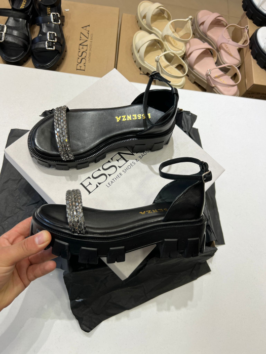 Sandale cu talpa groasa si barete cristal, din piele naturala, negru box [2]