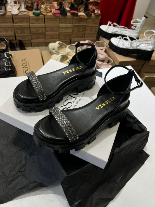 Sandale cu talpa groasa si barete cristal, din piele naturala, negru box [3]