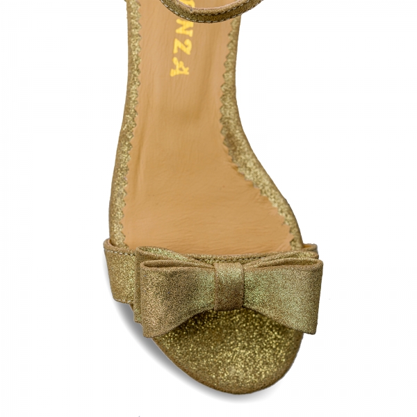 Sandale cu talpa joasa, din piele aurie glitter, cu fundite [4]