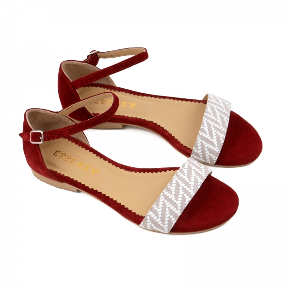 Sandale cu talpa joasa, din piele intoarsa burgundy si piele alb/beige [2]