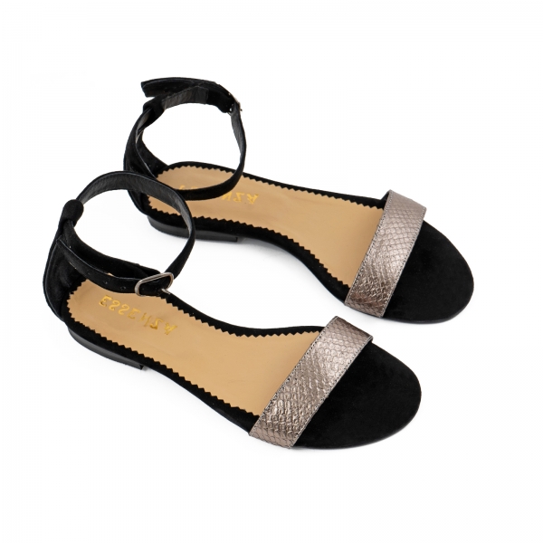 Sandale cu talpa joasa, din piele intoarsa neagra si piele laminata bronz texturat [3]