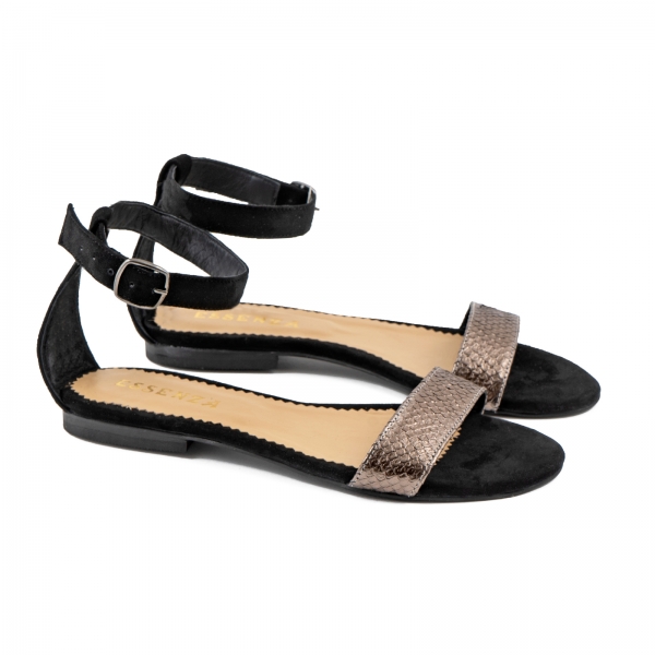 Sandale cu talpa joasa, din piele intoarsa neagra si piele laminata bronz texturat [2]