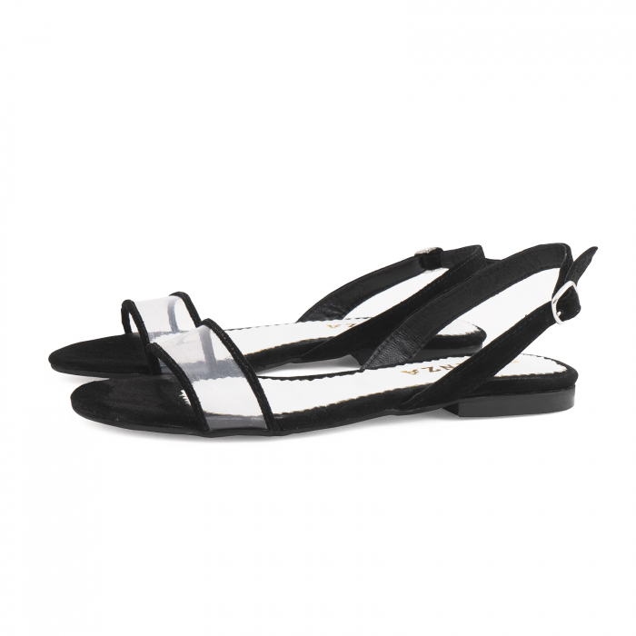 Sandale cu talpa joasa, din piele intoarsa neagra si plastic transparent [2]