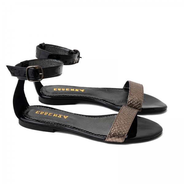 Sandale cu talpa joasa, din piele lacuita neagra si piele laminata bronz texturat [2]