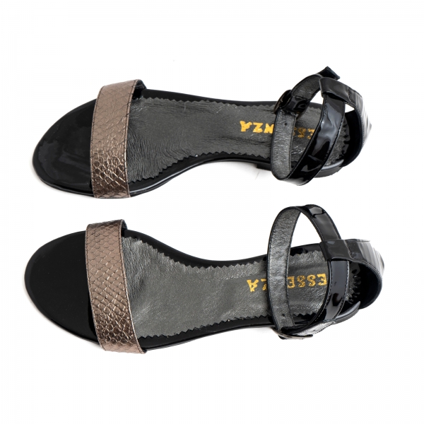 Sandale cu talpa joasa, din piele lacuita neagra si piele laminata bronz texturat [3]