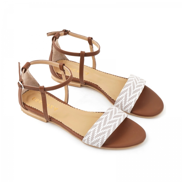 Sandale cu talpa joasa, din piele maron si piele alb/beige [3]