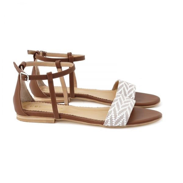 Sandale cu talpa joasa, din piele maron si piele alb/beige [2]