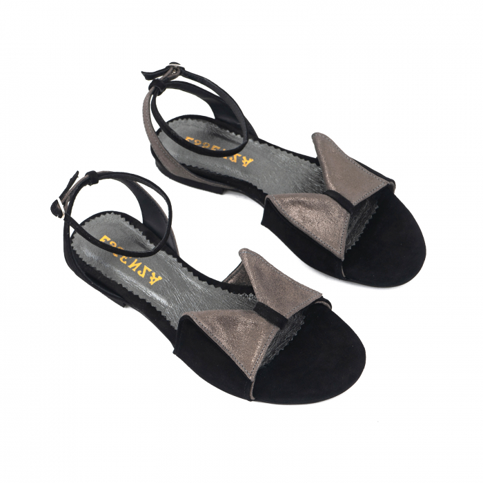 Sandale cu talpă joasă, din piele intoarsa neagra si piele gri glitter [2]