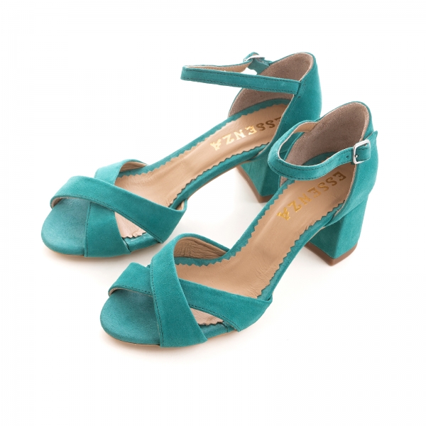 Sandale din piele intoarsa turquoise, cu toc gros [3]