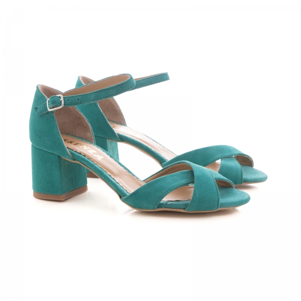 Sandale din piele intoarsa turquoise, cu toc gros [2]
