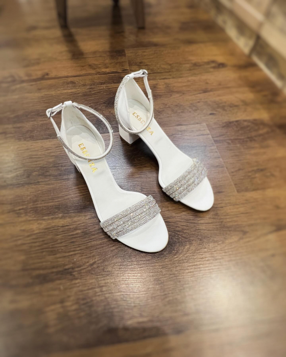 Sandale din piele naturala alba si bareta de cristal, cu toc patrat imbracat in piele [2]