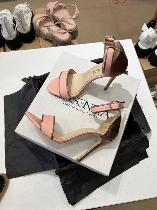 Sandale din piele naturala roz si piele metalizata visinie, cu toc stiletto de 10 cm  [3]