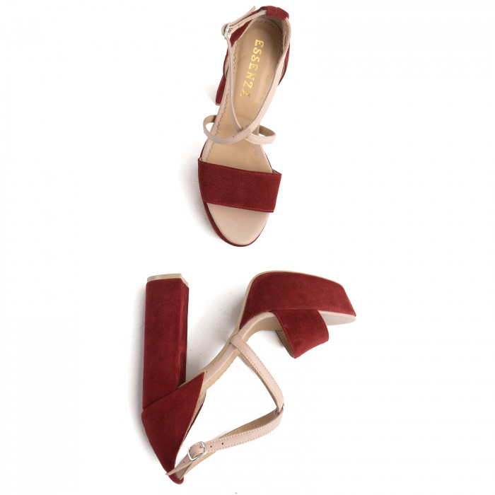 Sandale din piele nude rose si catifea burgundy, cu toc gros patrat si platforma [3]