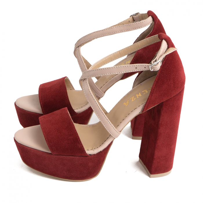 Sandale din piele nude rose si catifea burgundy, cu toc gros patrat si platforma [2]