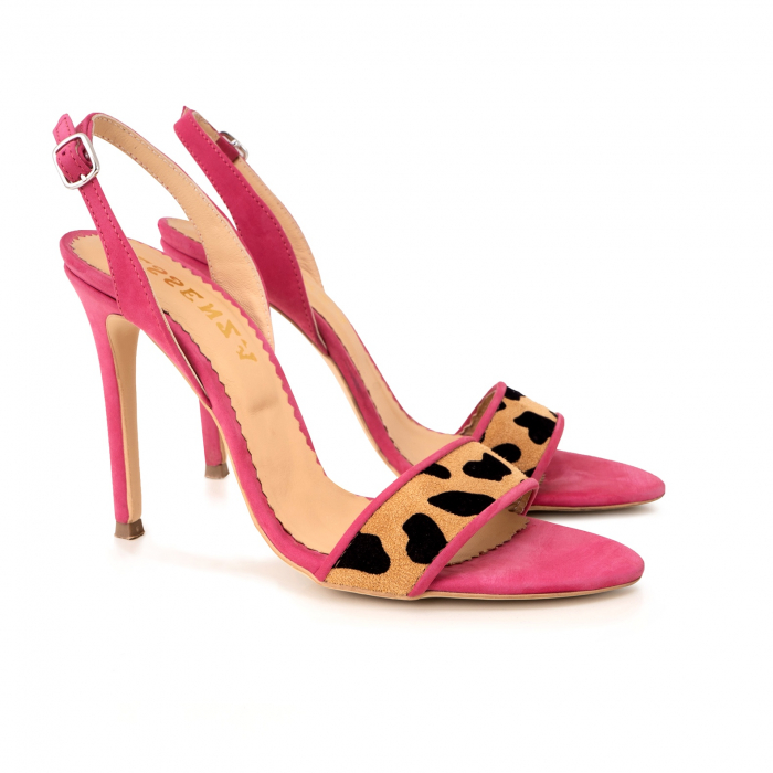 Sandale elegante din piele nabuc roz intens si animal print. [2]