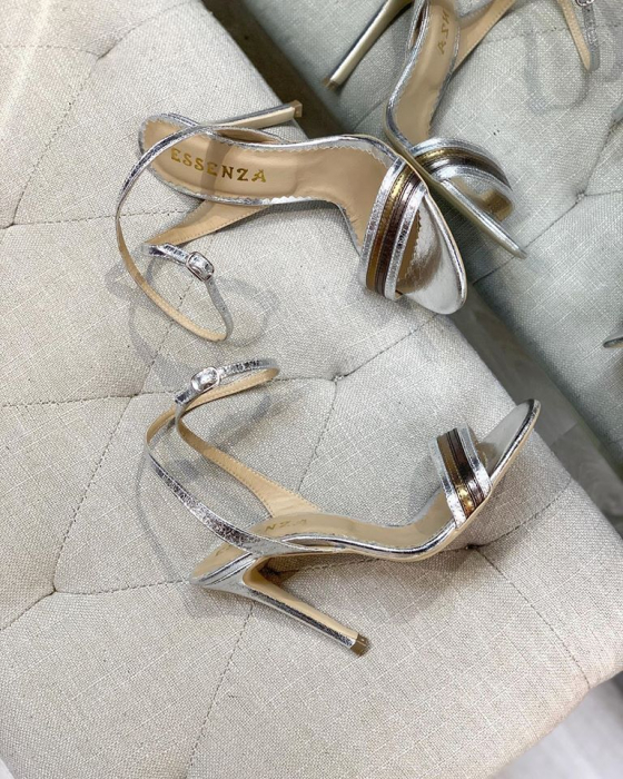 Sandale elegante din piele laminata, in nuante de argintiu si bronz, cu toc stiletto [2]