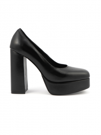 Pantofi - Pantofi din piele naturala, neagra, cu toc gros, varf patrat