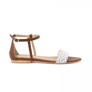 FEMEI - Sandale cu talpa joasa, din piele maron si piele alb/beige