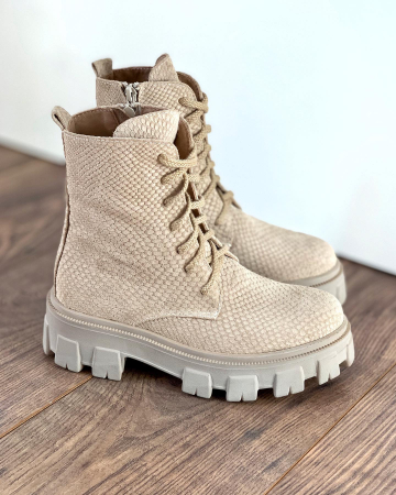 Bocanci cu siret, din piele naturala bej cu presaj de sarpe [0]