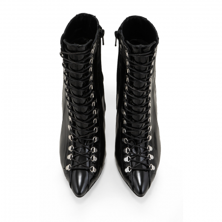 Botine Stiletto cu siret si capse metalice, din piele naturala lacuita neagra [3]