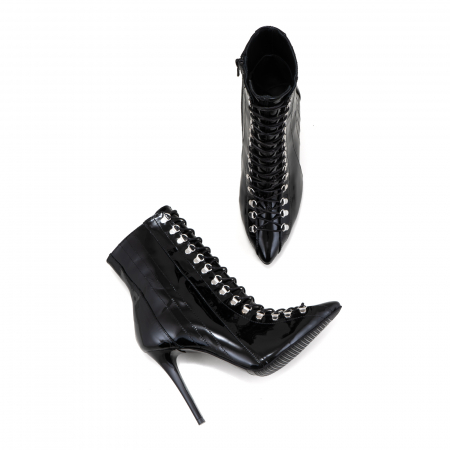 Botine Stiletto cu siret si capse metalice, din piele naturala lacuita neagra [4]