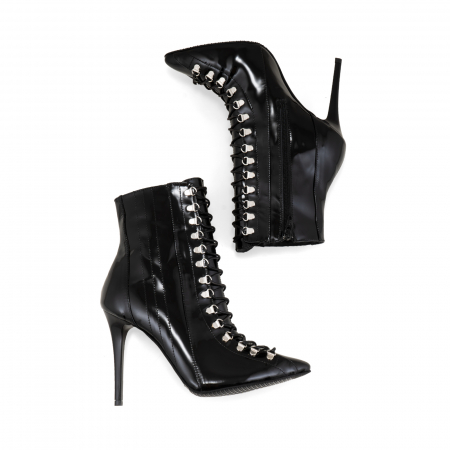 Botine Stiletto cu siret si capse metalice, din piele naturala lacuita neagra [5]