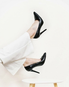 FEMEI - Pantofi Stiletto din piele lacuita neagra si piele lacuita cu textura de piele de sarpe