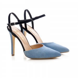 Pantofi stiletto cu barete, din piele intoarsa albastra si neagra [1]