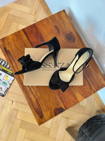 REDUCERI - Sandale cu funde duble, din piele intoarsa neagra