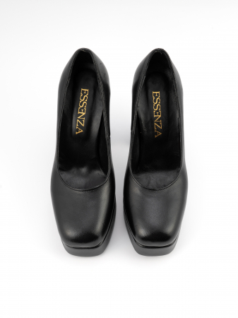 Pantofi din piele naturala, neagra, cu toc gros, varf patrat [3]
