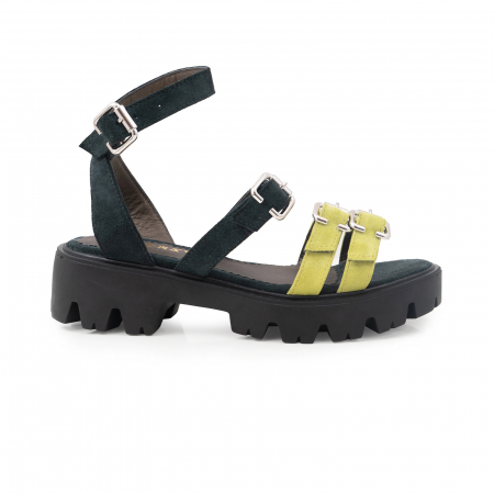 Sandale talpa chunky - Sandale cu talpa groasa si barete cu catarame, din piele intoarsa verde inchis si verde deschis.