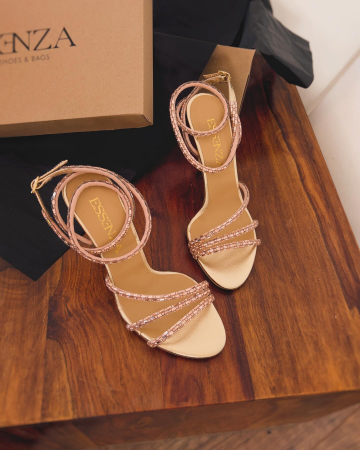 Crystal Collection - Sandale din piele aurie si cristale rose, toc ultra thin stiletto  8.5 cm