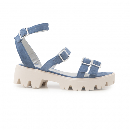 Sandale talpa chunky - Sandale cu talpa groasa si barete cu catarame, din piele intoarsa albastru seren
