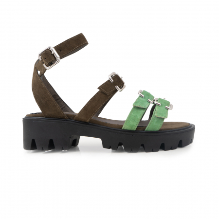 Sandale talpa chunky - Sandale cu talpa groasa si barete cu catarame, din piele maron si verde menta