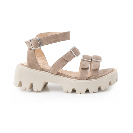 Sandale talpa chunky - Sandale cu talpa groasa si barete cu catarame, din piele intoarsa camel