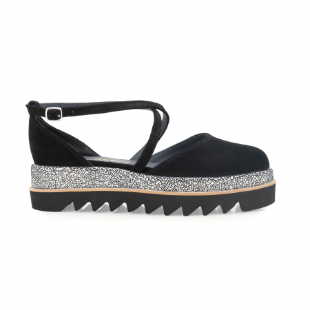 Sandale talpa chunky - Pantofi decupati, din piele naturala intoarsa neagra si argintie texturata