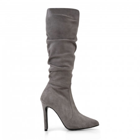 Cizme - Cizme stiletto, cu pliuri, din piele intoarsa gri