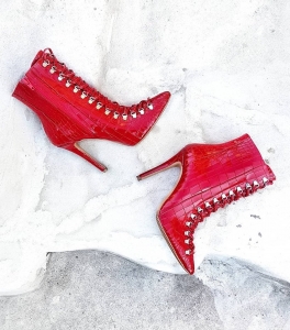Reduceri - Botine Stiletto cu siret, din piele croco rosu