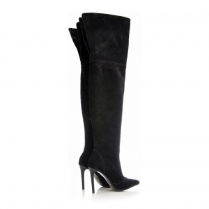 Cizme Stiletto peste genunchi, din piele intoarsa neagra. [2]