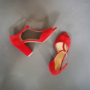 Insta Shop - Sandale din piele intoarsa rosie,cu toc gros