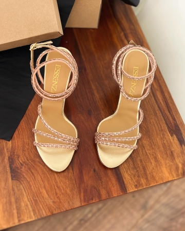 Crystal Collection - Sandale din piele aurie si cristale rose, toc ultra thin stiletto  8.5 cm