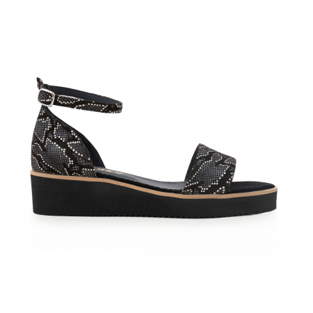 Sandale talpa chunky - Sandale din piele naturala intoarsa neagra si piele cu imprimeu